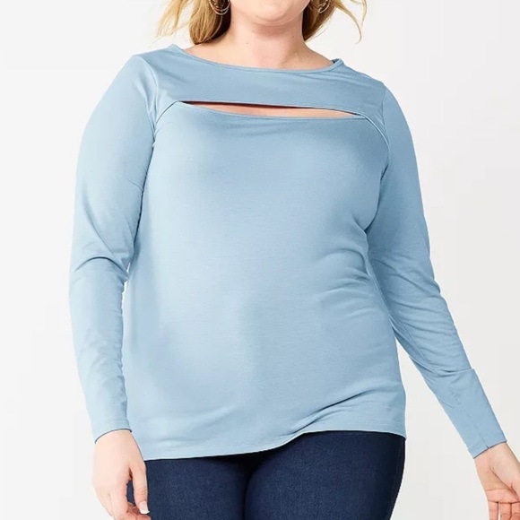 NWT Nine West Long Sleeve Jersey Cutout Top in Blue - Picture 1 of 4